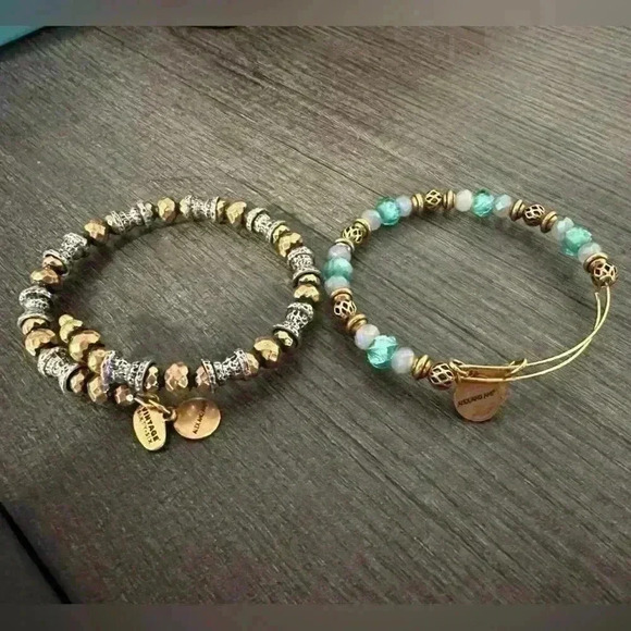 Alex And Ani Bangle Bracelets Gold and Turquoise Beads  Boho Adjustable Size - Picture 4 of 4